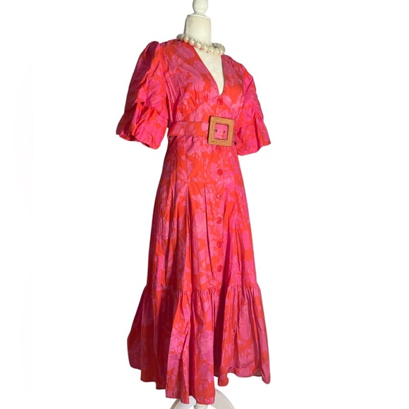 Savida Midi Dress NWT Red Pink Floral Puff Sleeve Belted Midi Tiered Ruffle - Picture 6 of 13